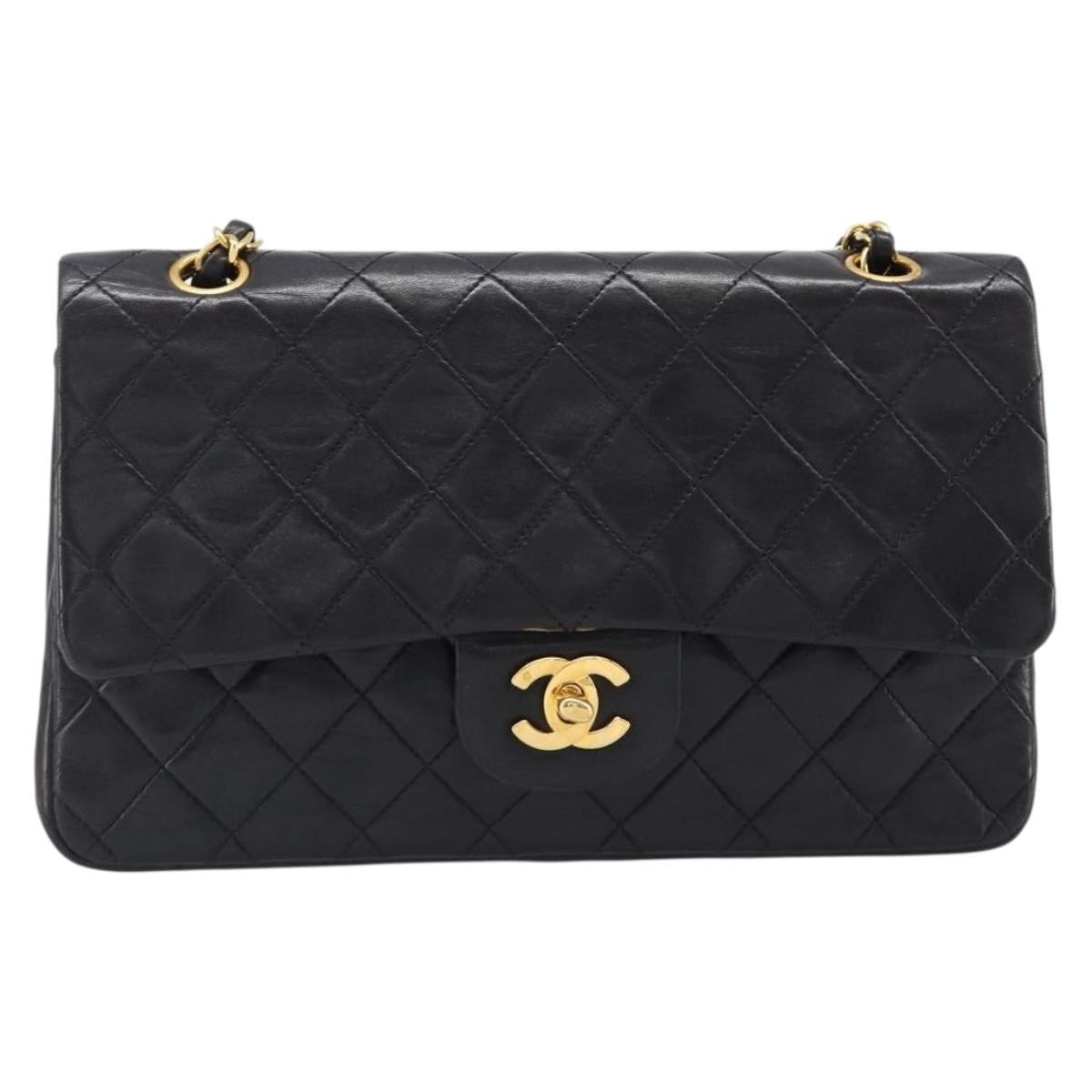 CHANEL Chain Matelasse 25 Shoulder Bag Lamb Skin Black Gold CC Auth 200477SAM