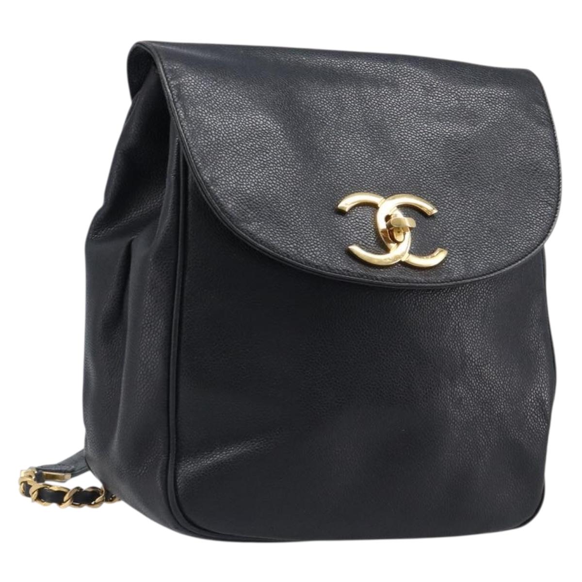 CHANEL Matelasse Backpack Caviar Skin Black Gold CC Auth 200481V
