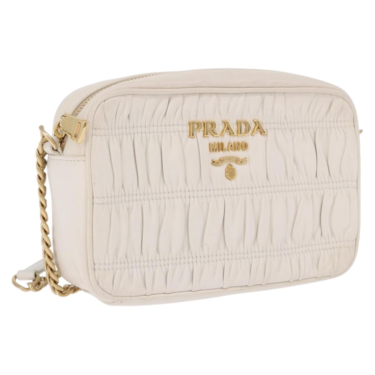PRADA Gathered Chain Shoulder Bag Leather White Gold Auth 200485V