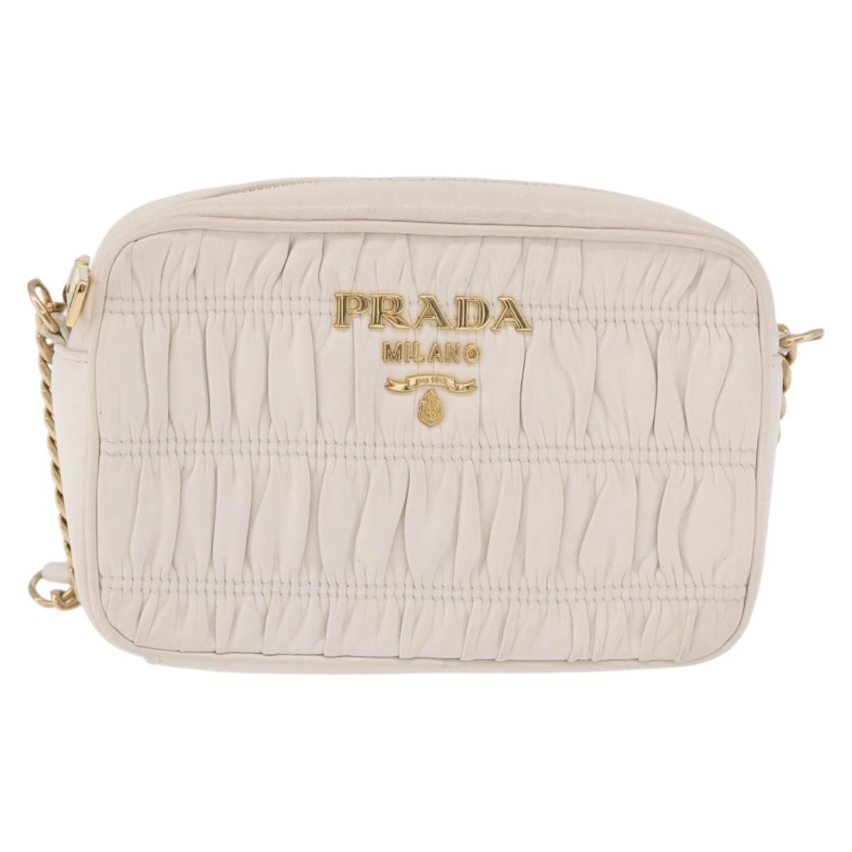 PRADA Gathered Chain Shoulder Bag Leather White Gold Auth 200485V