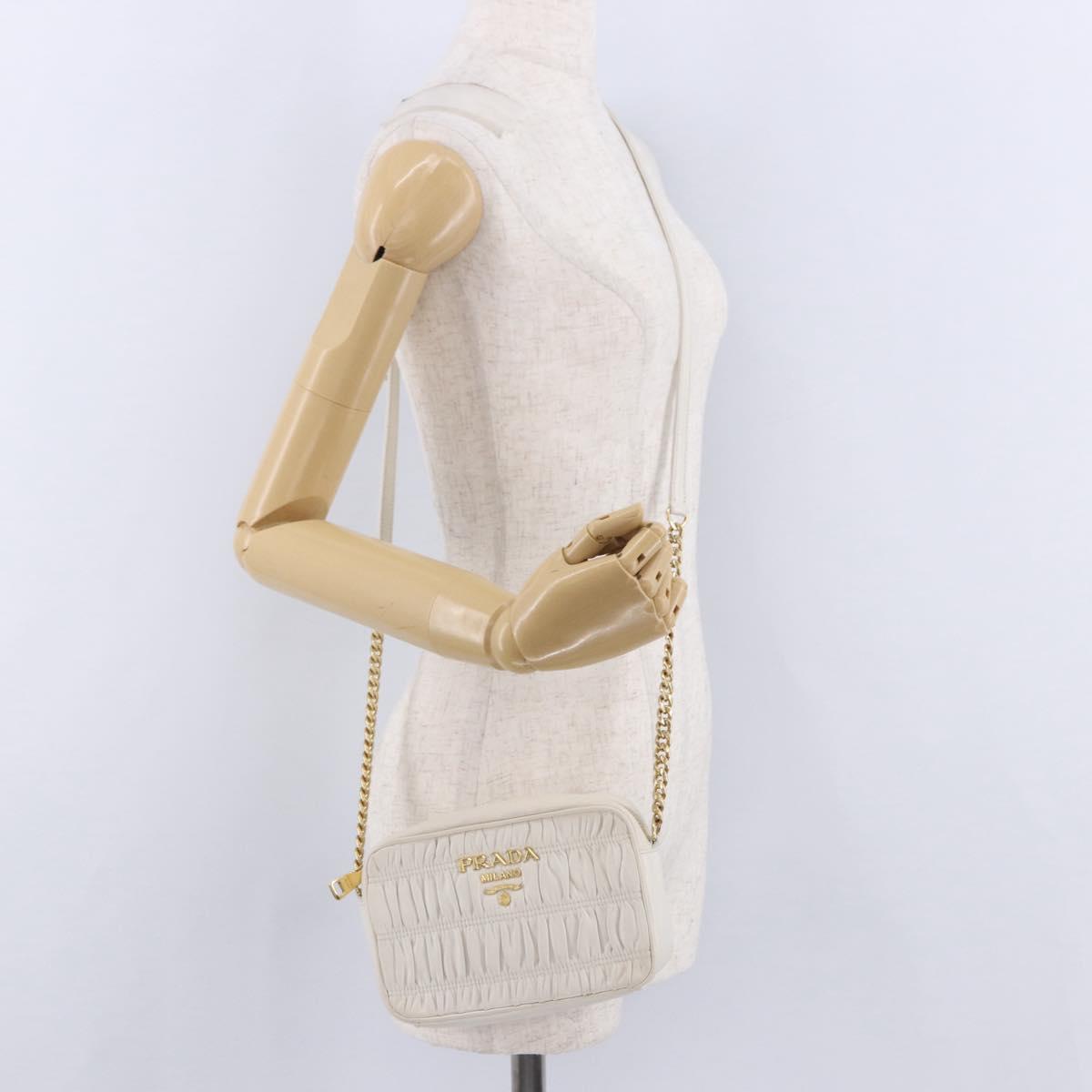 PRADA Gathered Chain Shoulder Bag Leather White Gold Auth 200485V
