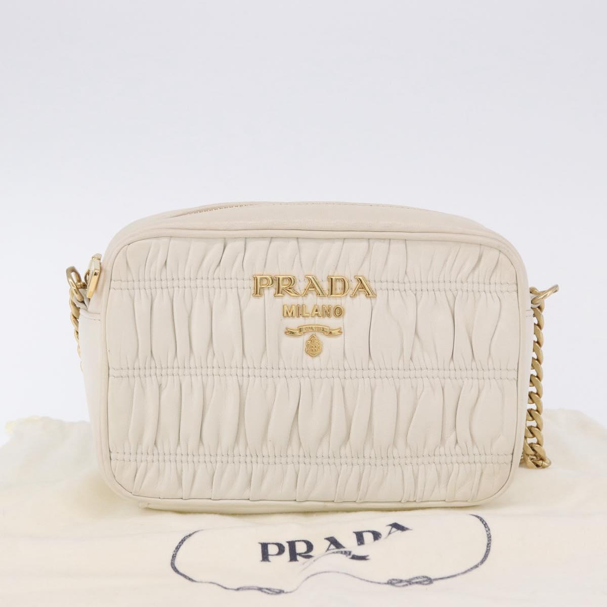 PRADA Gathered Chain Shoulder Bag Leather White Gold Auth 200485V
