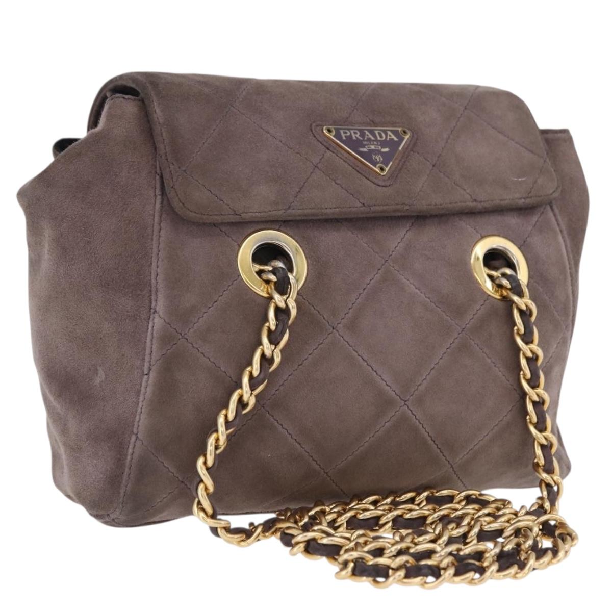 PRADA Chain Shoulder Bag Suede Gray Gold Auth 200488