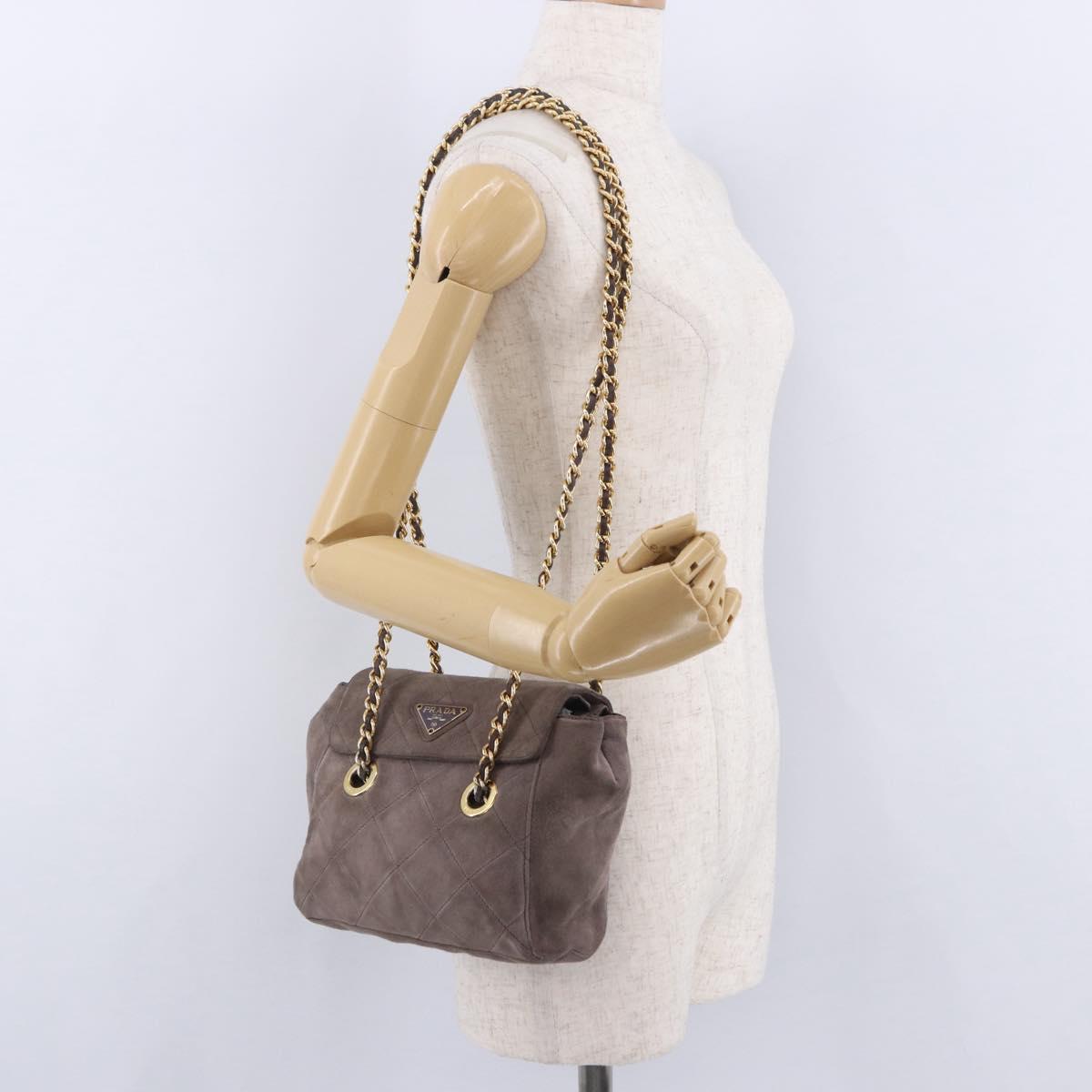 PRADA Chain Shoulder Bag Suede Gray Gold Auth 200488