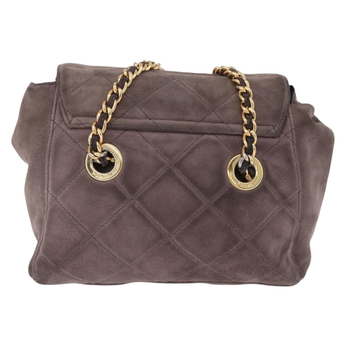 PRADA Chain Shoulder Bag Suede Gray Gold Auth 200488