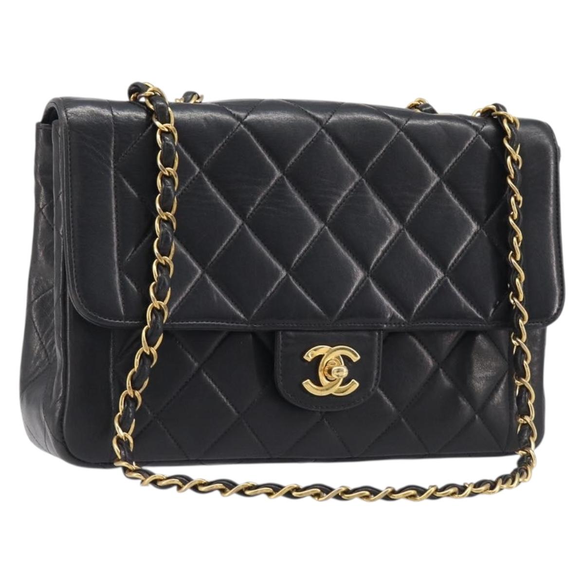 CHANEL Chain Matelasse Shoulder Bag Lamb Skin Black Gold CC Auth 200494SAM