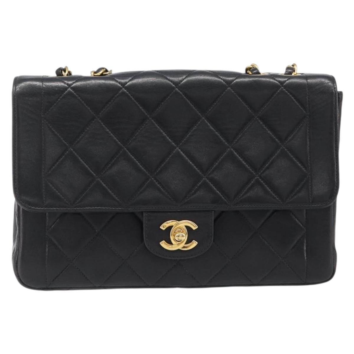 CHANEL Chain Matelasse Shoulder Bag Lamb Skin Black Gold CC Auth 200494SAM