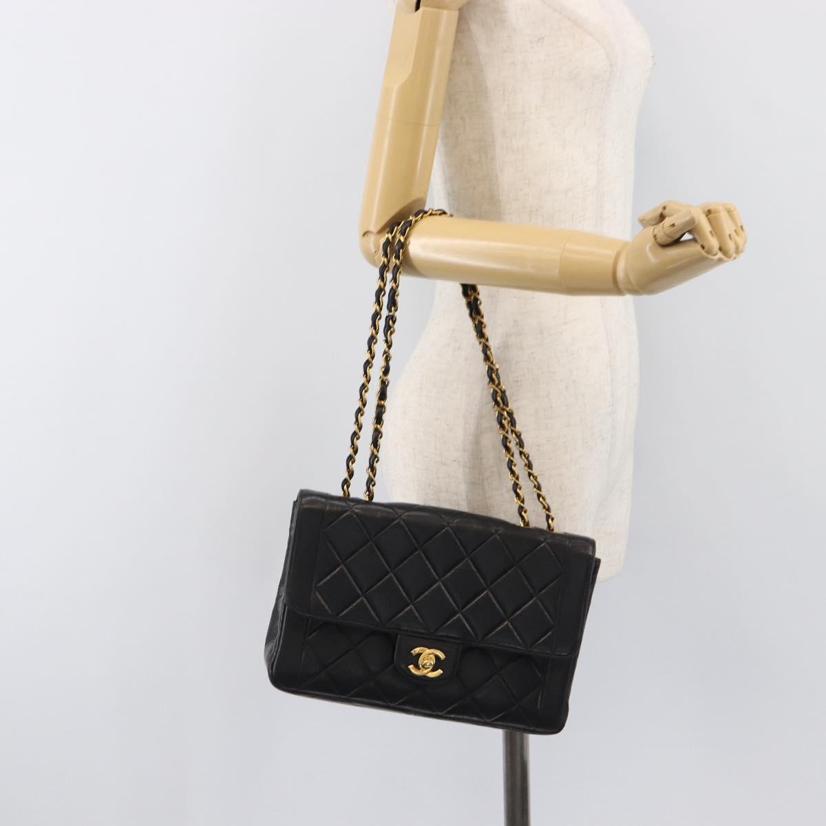 CHANEL Chain Matelasse Shoulder Bag Lamb Skin Black Gold CC Auth 200494SAM