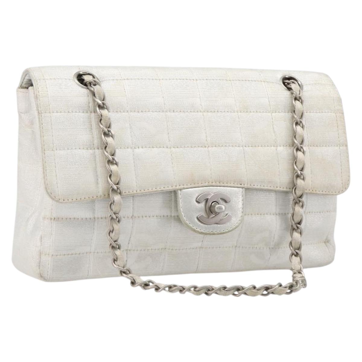 CHANEL Choco Bar Chain Shoulder Bag Nylon Silver CC Auth 200496A