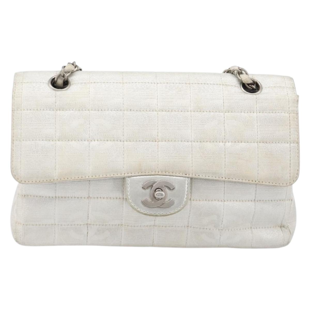 CHANEL Choco Bar Chain Shoulder Bag Nylon Silver CC Auth 200496A