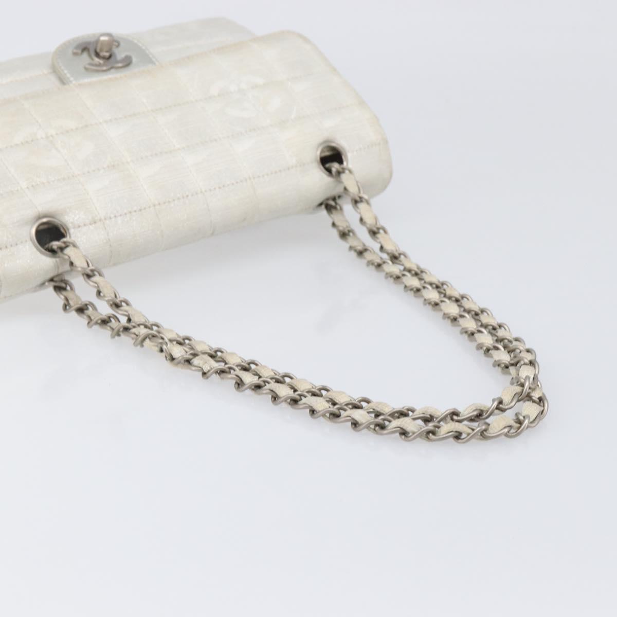 CHANEL Choco Bar Chain Shoulder Bag Nylon Silver CC Auth 200496A