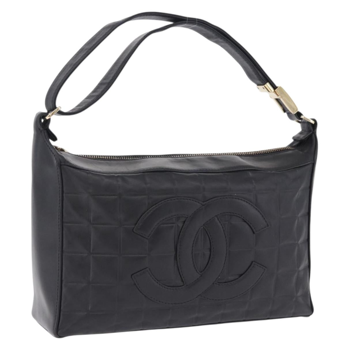 CHANEL Choco Bar Shoulder Bag Lamb Skin Black Gold CC Auth 200511V