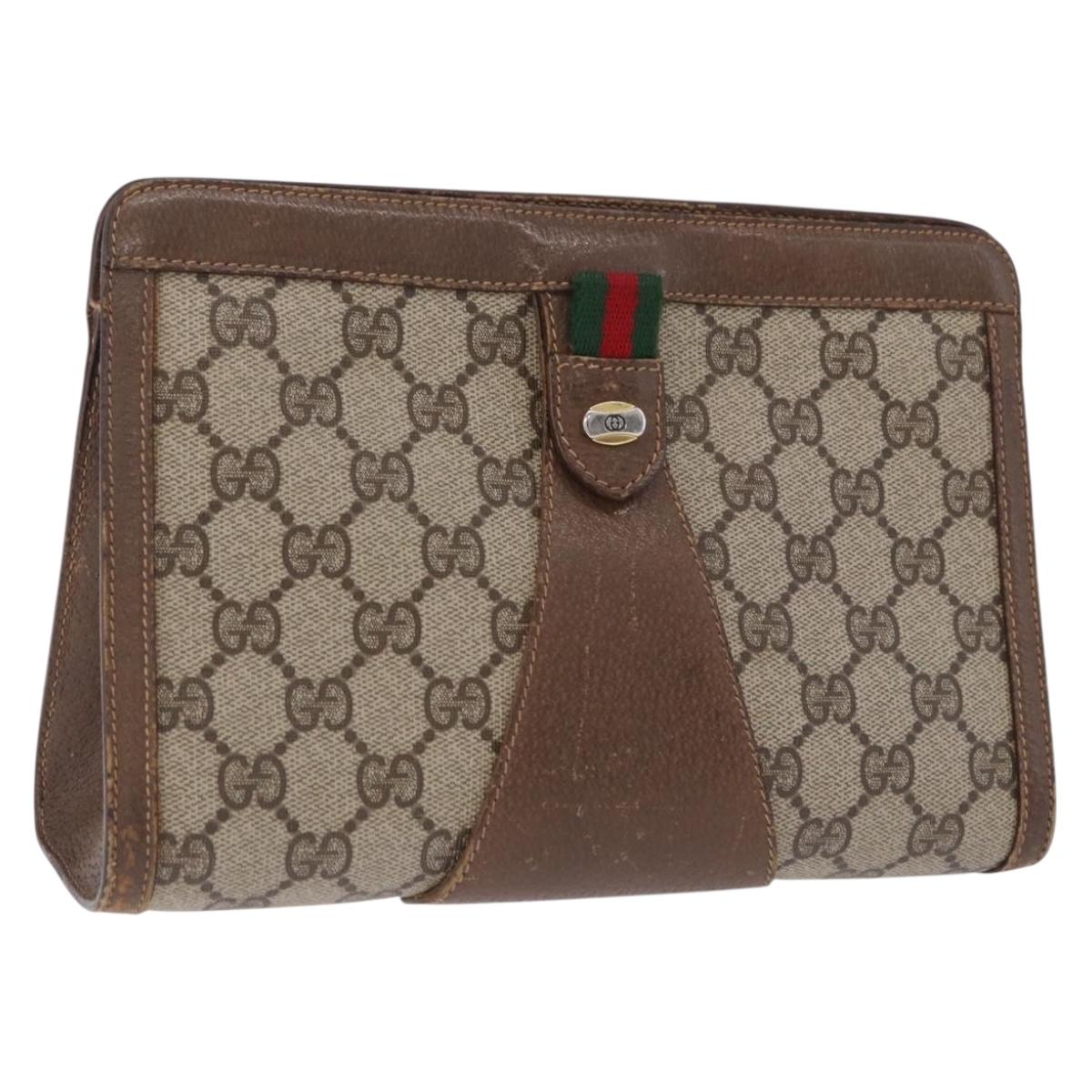 GUCCI GG Supreme Web Sherry Line Clutch Bag PVC Beige Gold 89 01 032 Auth 200512