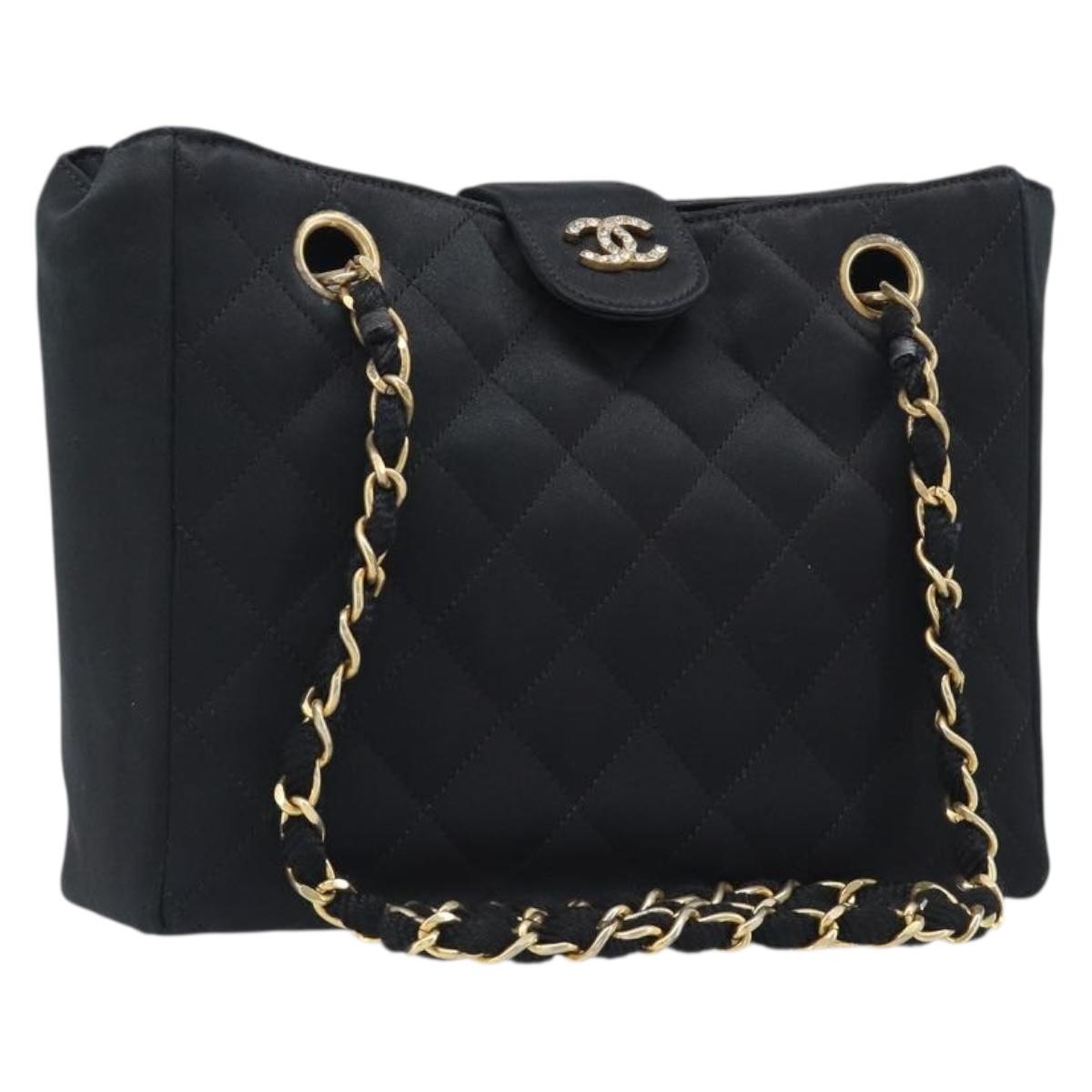 CHANEL Matelasse Chain Shoulder Bag Satin Black Gold CC Auth 200529V