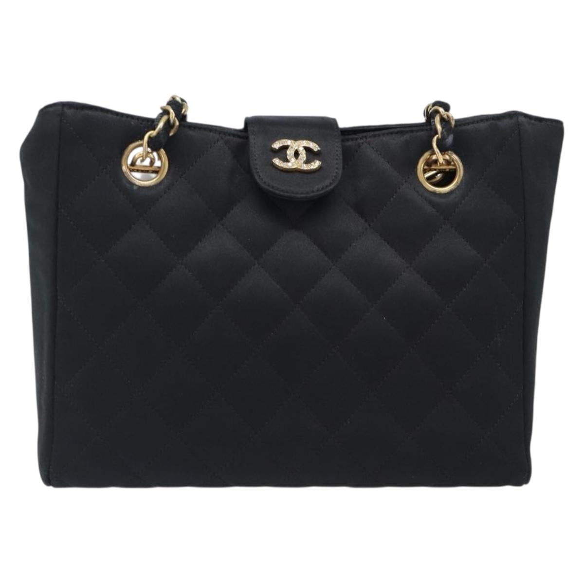 CHANEL Matelasse Chain Shoulder Bag Satin Black Gold CC Auth 200529V