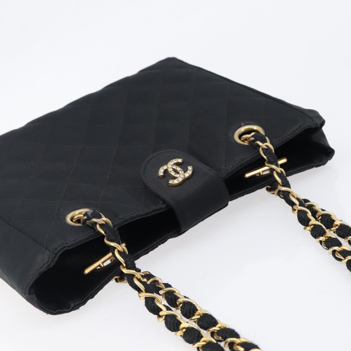 CHANEL Matelasse Chain Shoulder Bag Satin Black Gold CC Auth 200529V