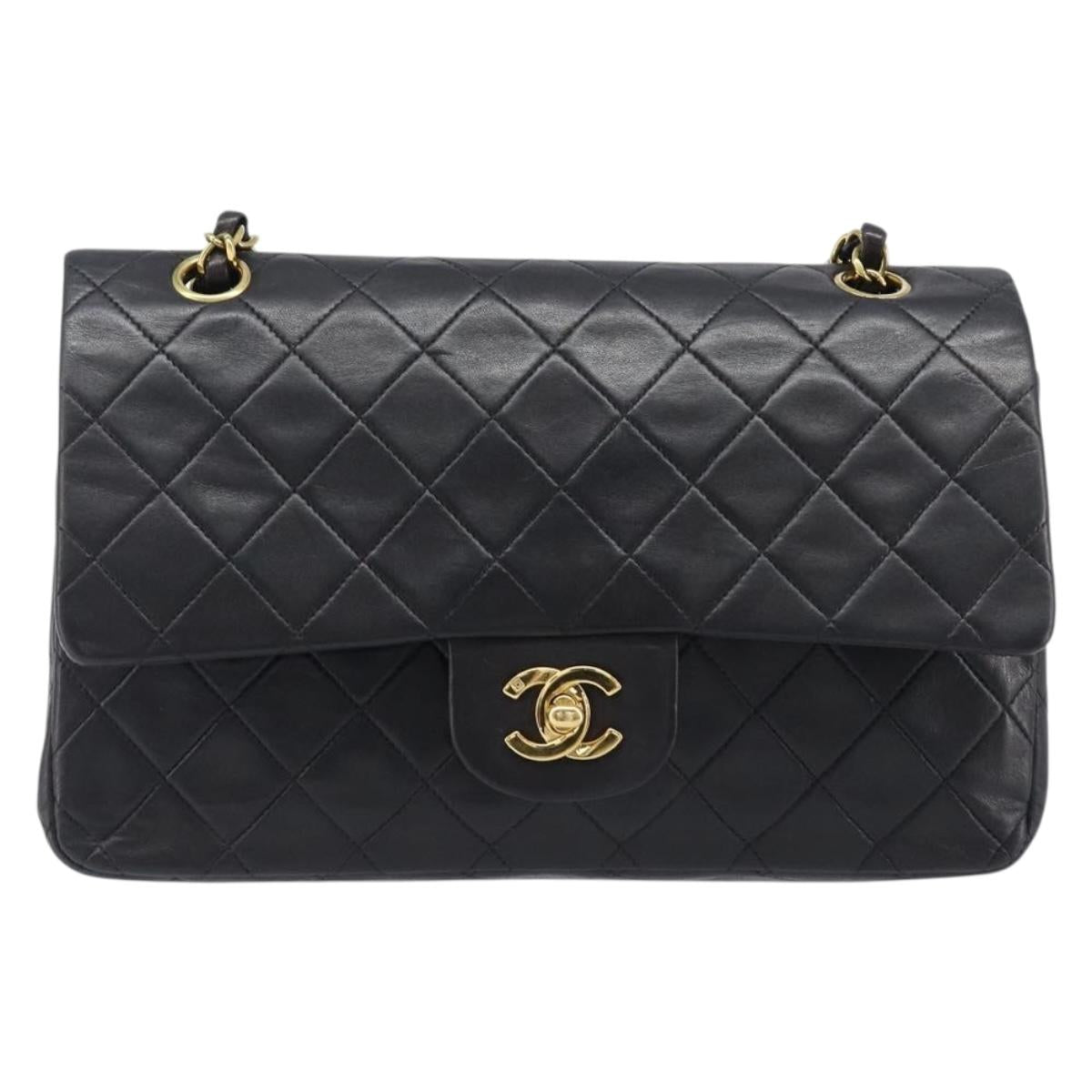 CHANEL Chain Matelasse 25 Shoulder Bag Lamb Skin Black Gold CC Auth 200542SAM