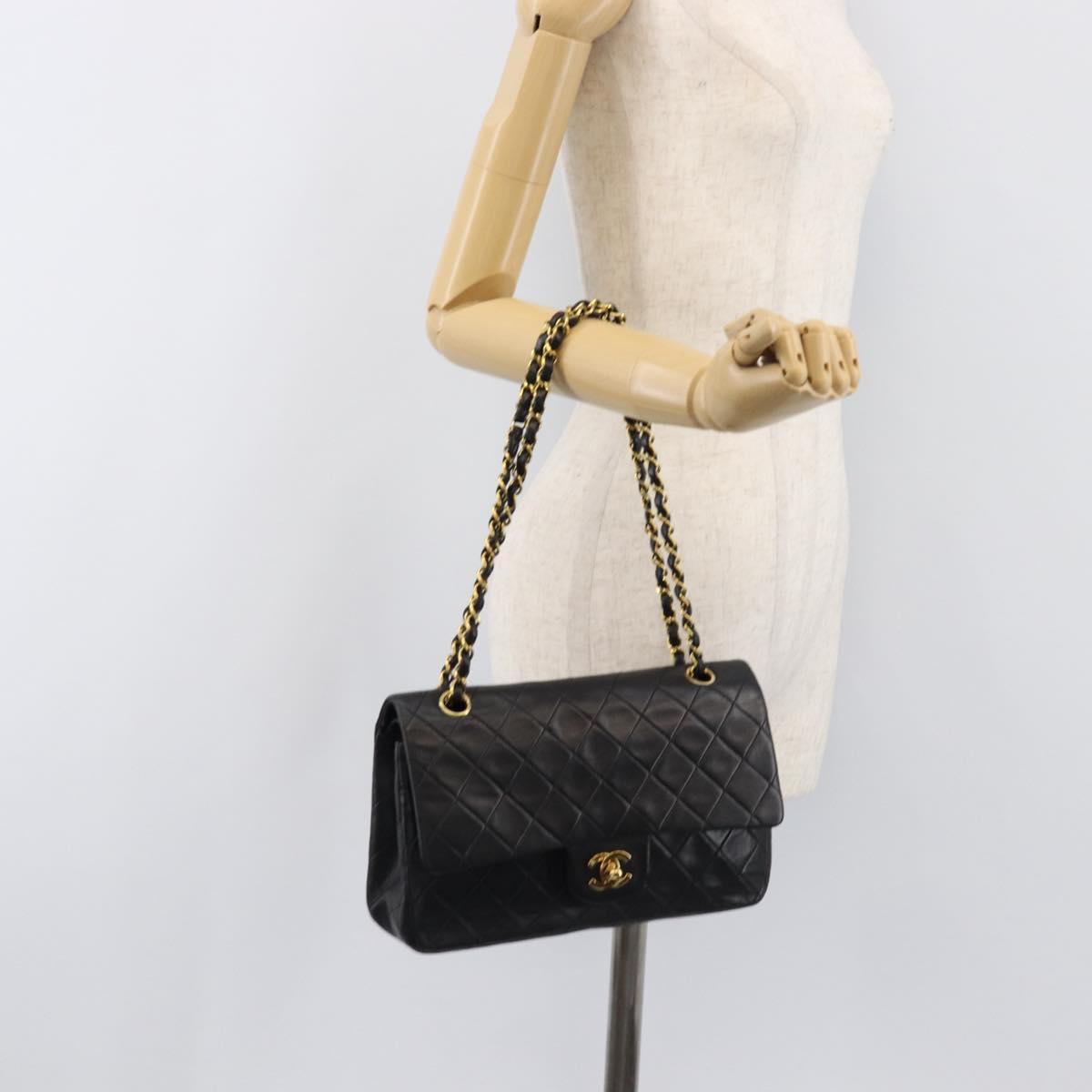 CHANEL Chain Matelasse 25 Shoulder Bag Lamb Skin Black Gold CC Auth 200542SAM