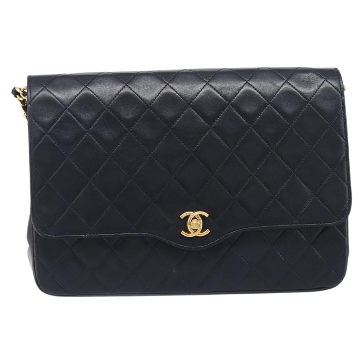 CHANEL Matelasse Chain Shoulder Bag Lamb Skin Black Gold CC Auth 200544V