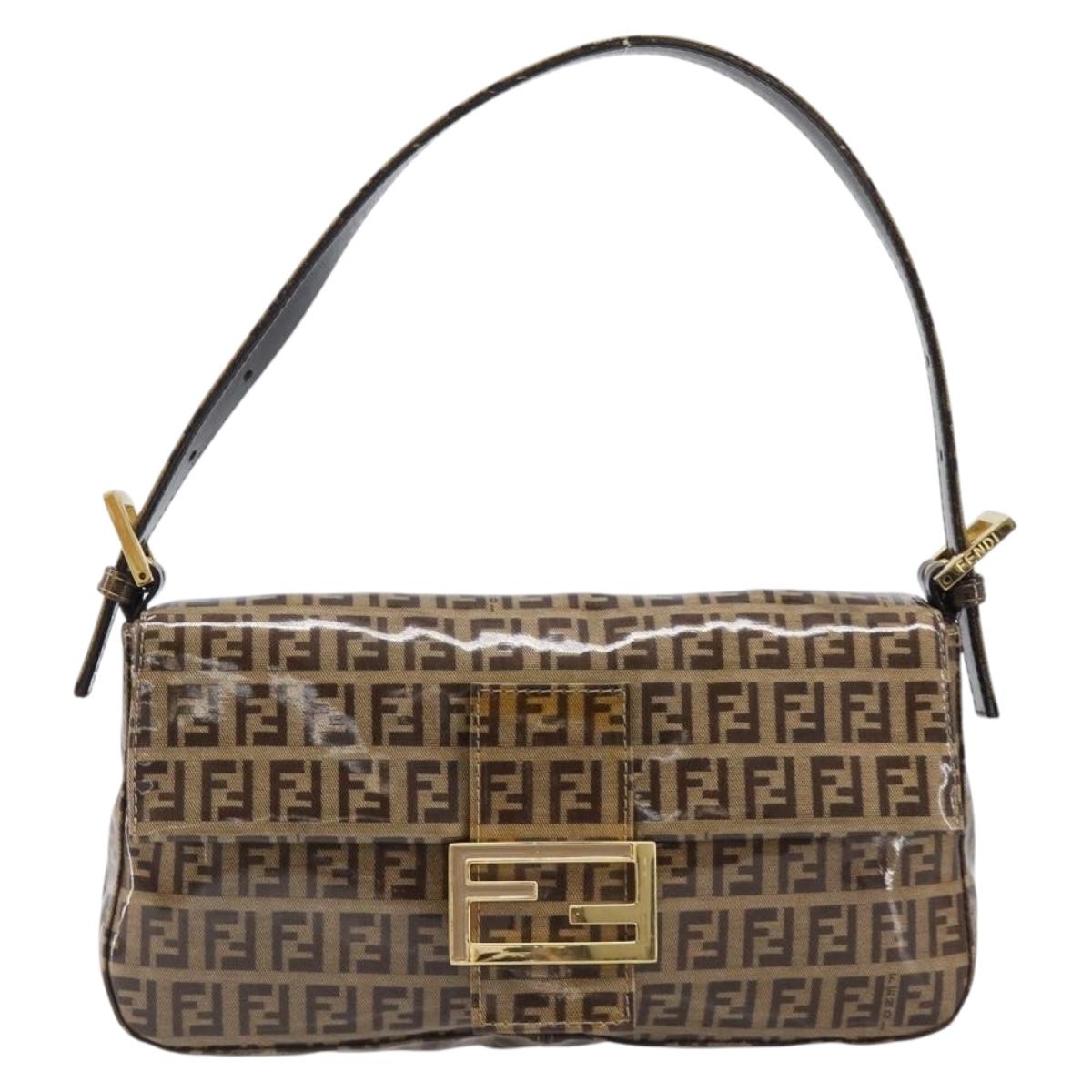 FENDI Zucchino Canvas Mamma Baguette Bag Coated Canvas Beige Gold Auth 200545V