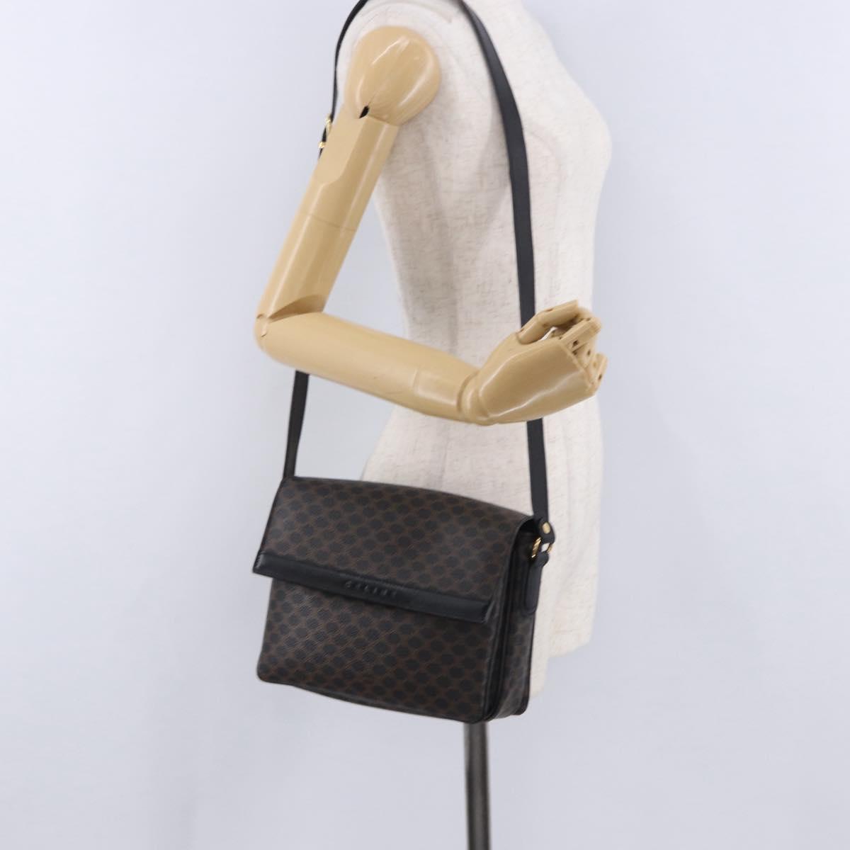 CELINE Macadam Canvas Shoulder Bag PVC Leather Black Gold Auth 200548V