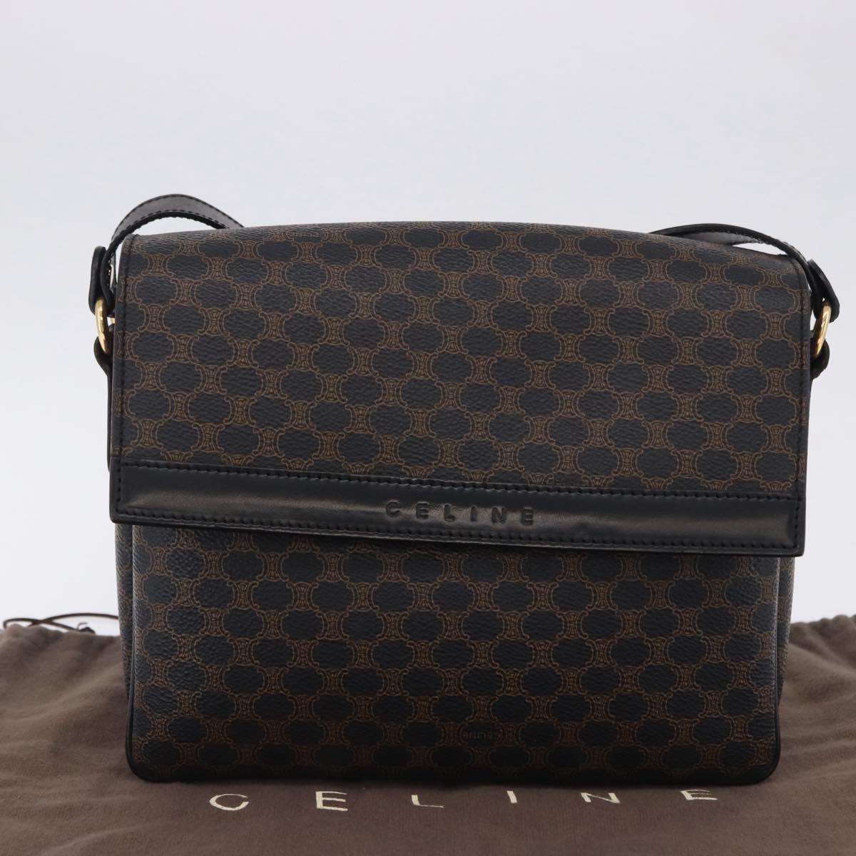 CELINE Macadam Canvas Shoulder Bag PVC Leather Black Gold Auth 200548V
