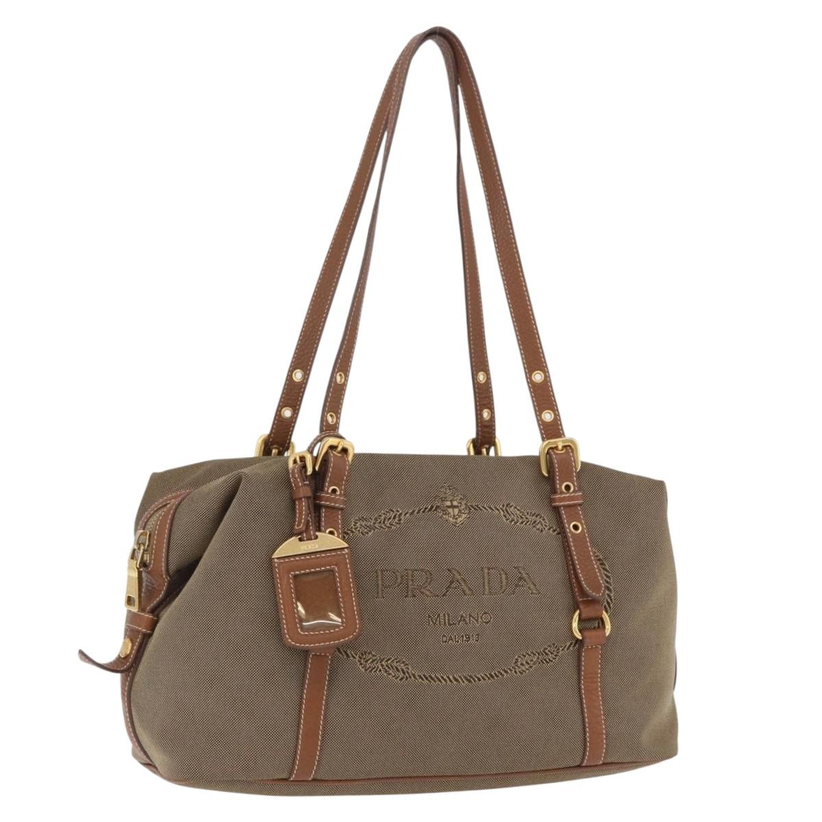PRADA Tote Bag Canvas Jacquard Beige Gold Auth 200549M