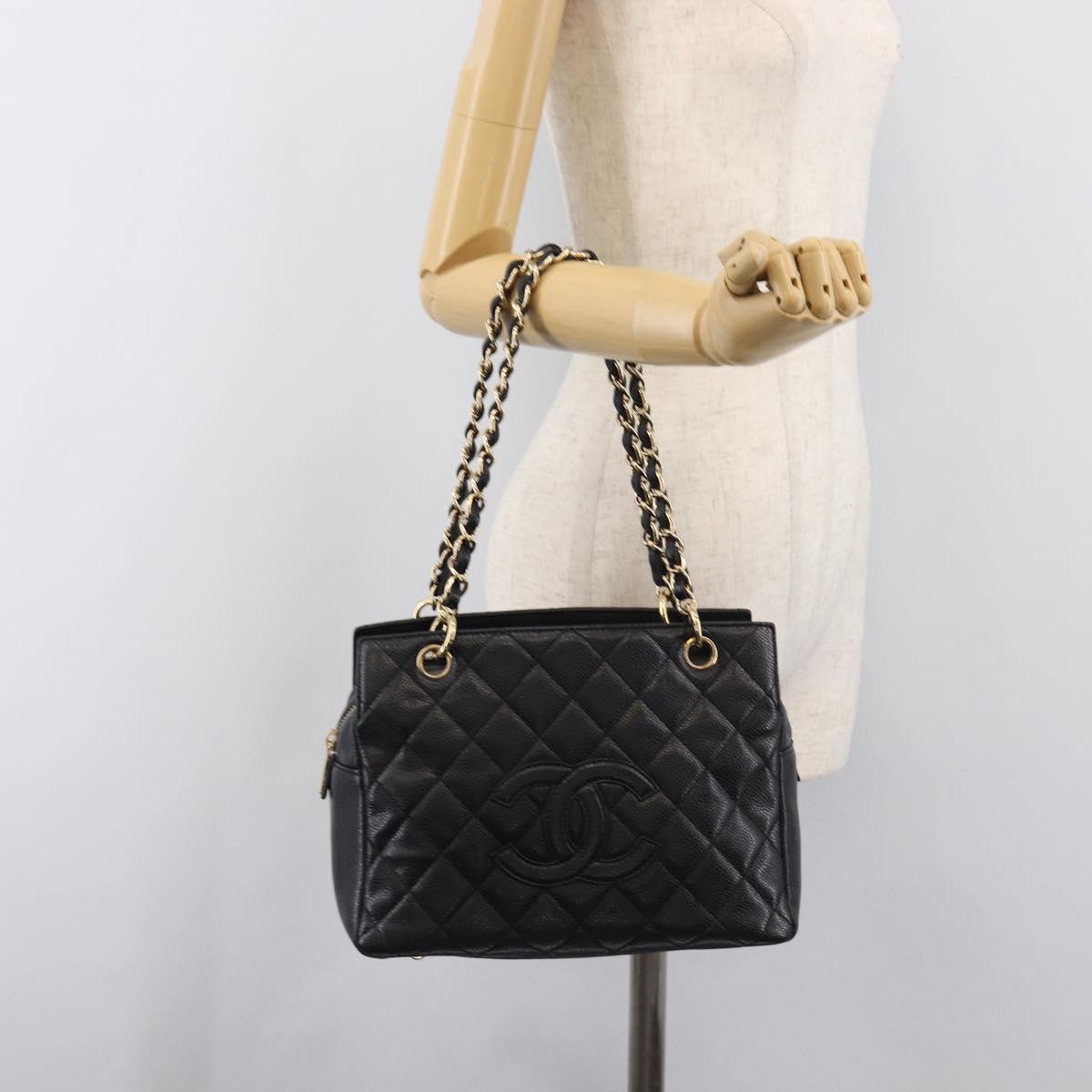CHANEL Chain Matelasse Shoulder Bag Caviar Skin Black Gold CC Auth 200552M