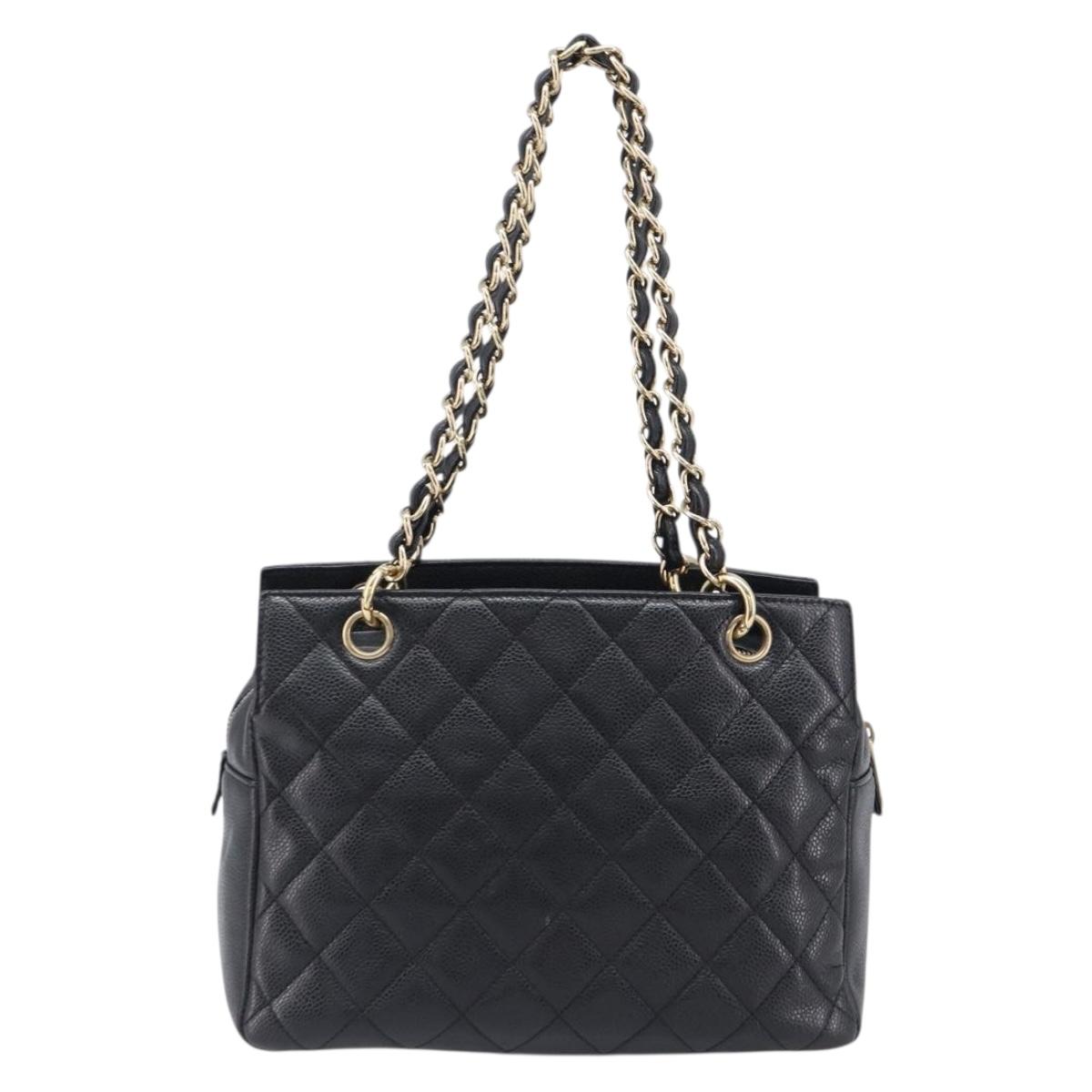 CHANEL Chain Matelasse Shoulder Bag Caviar Skin Black Gold CC Auth 200552M