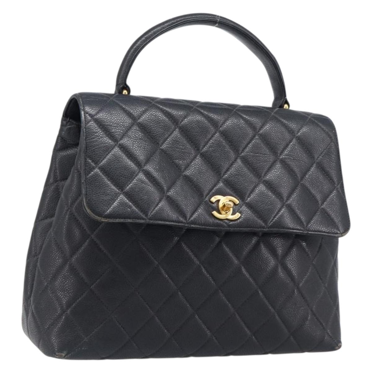 CHANEL Matelasse Hand Bag Caviar Skin Black Gold CC Auth 200555