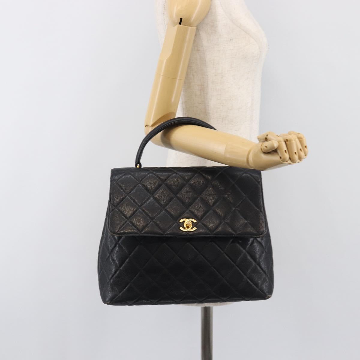 CHANEL Matelasse Hand Bag Caviar Skin Black Gold CC Auth 200555