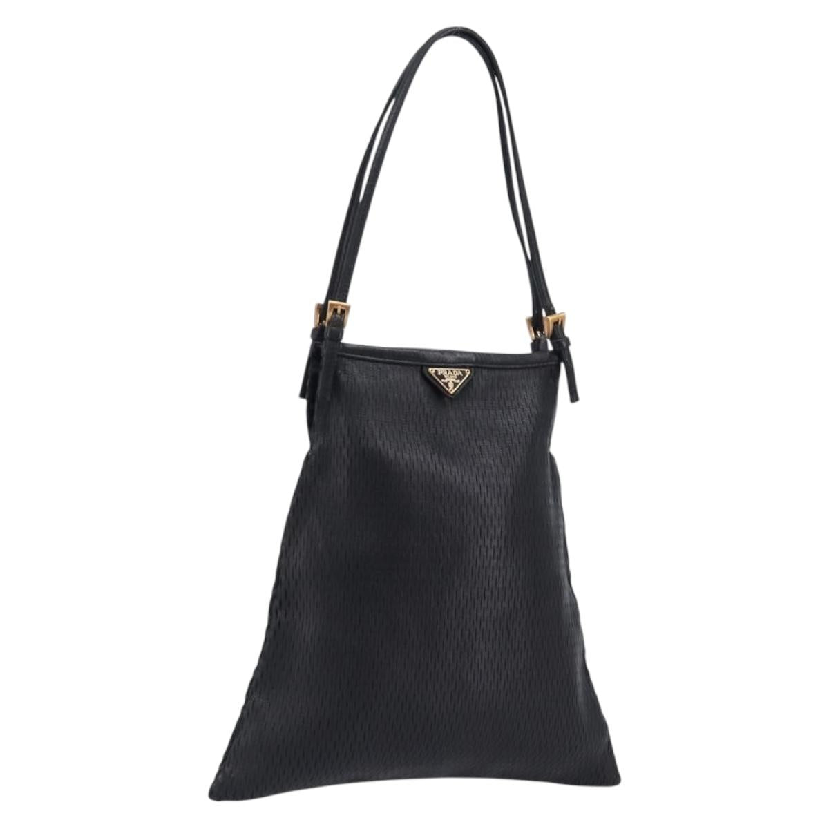PRADA Hand Bag Leather Black Gold Auth 200561V