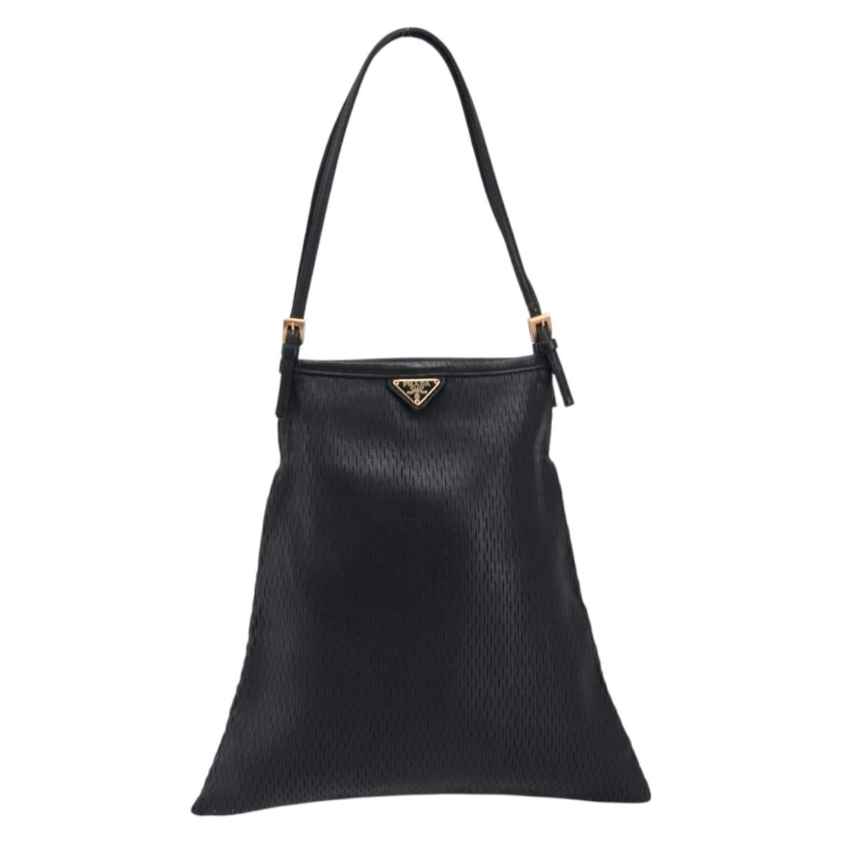 PRADA Hand Bag Leather Black Gold Auth 200561V