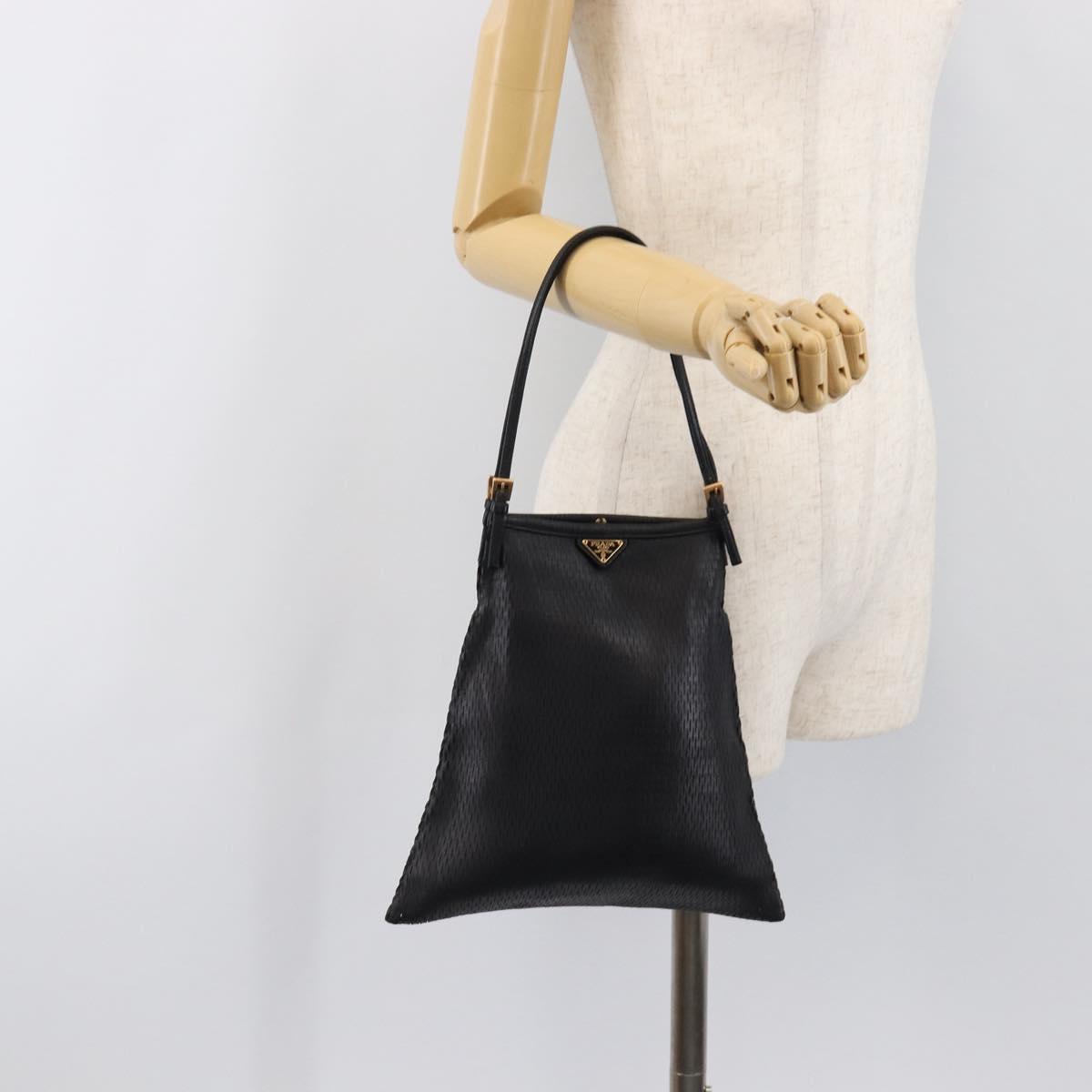 PRADA Hand Bag Leather Black Gold Auth 200561V