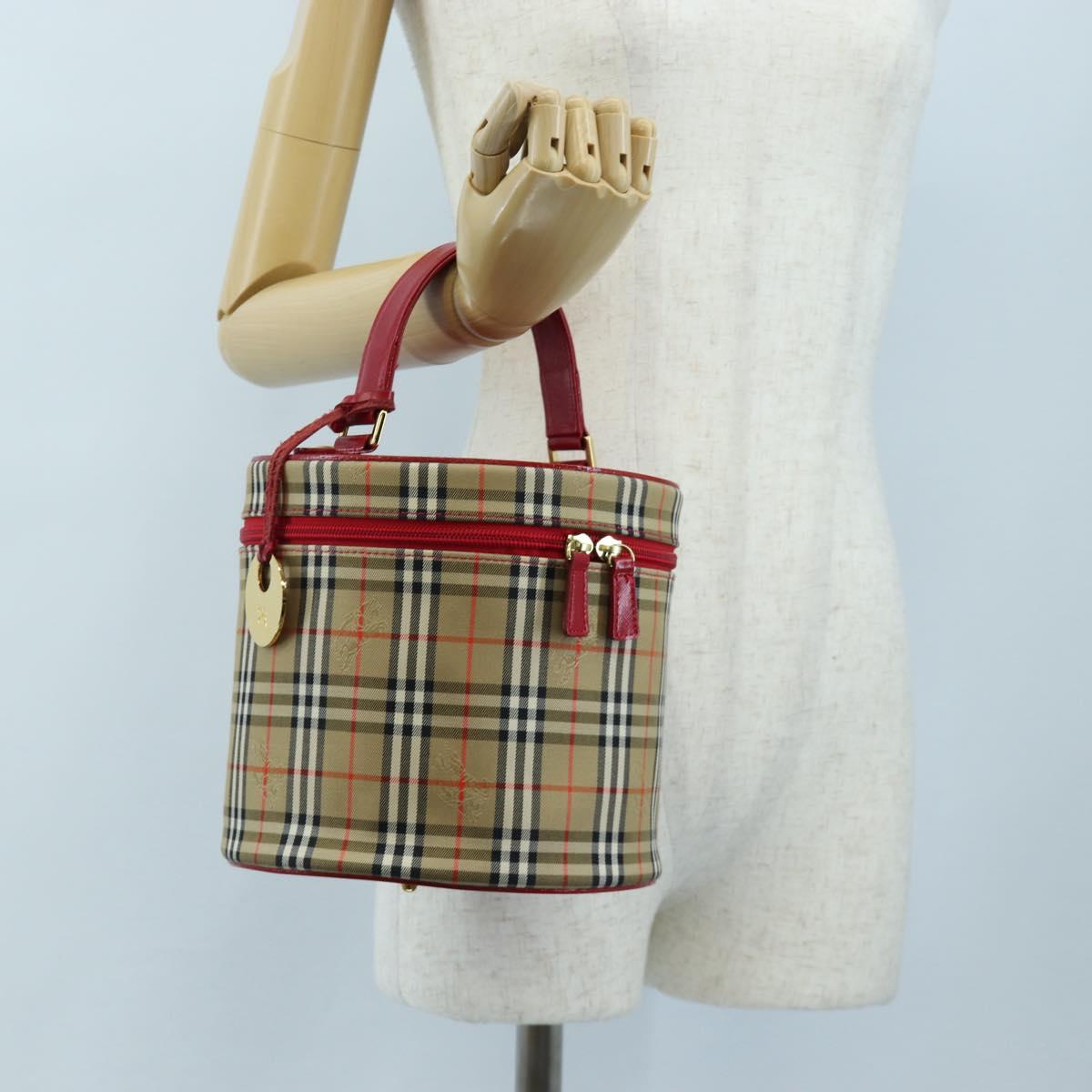 Burberrys Nova Check Vanity Hand Bag Canvas Beige Gold Auth 200575V