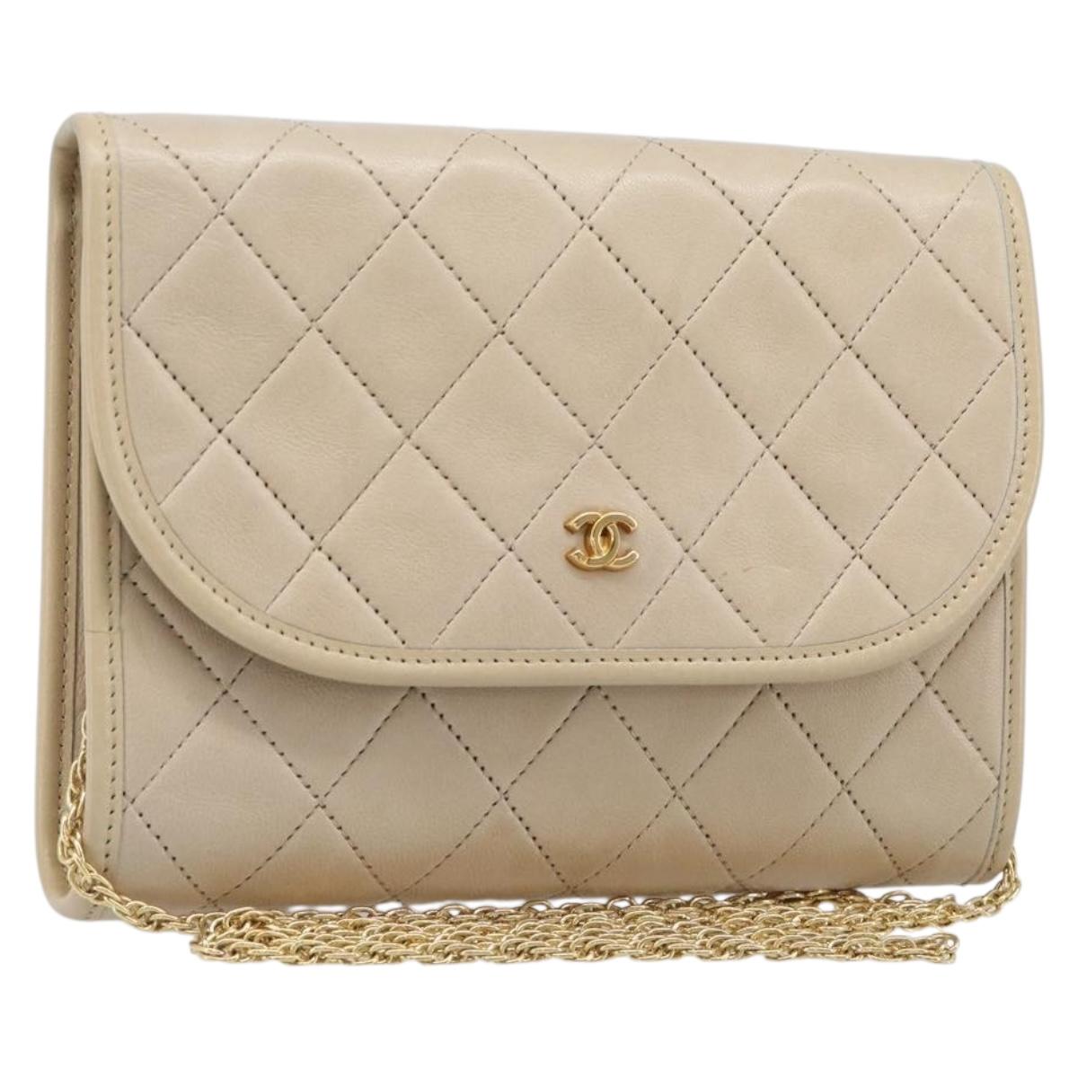 CHANEL Matelasse Chain Shoulder Bag Lamb Skin Beige Gold CC Auth 200578V