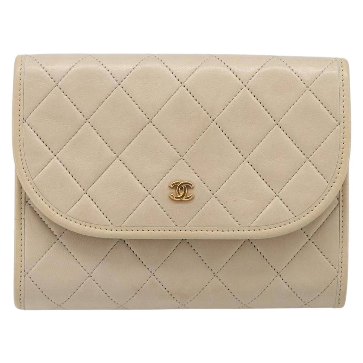 CHANEL Matelasse Chain Shoulder Bag Lamb Skin Beige Gold CC Auth 200578V