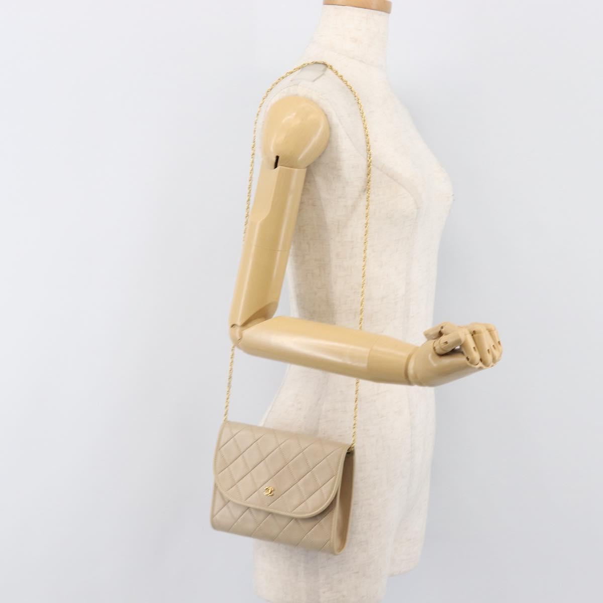 CHANEL Matelasse Chain Shoulder Bag Lamb Skin Beige Gold CC Auth 200578V