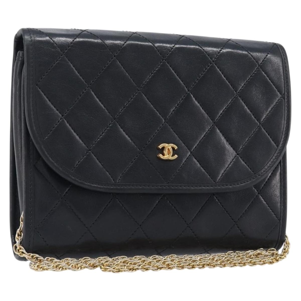 CHANEL Matelasse Chain Shoulder Bag Lamb Skin Black Gold CC Auth 200579V