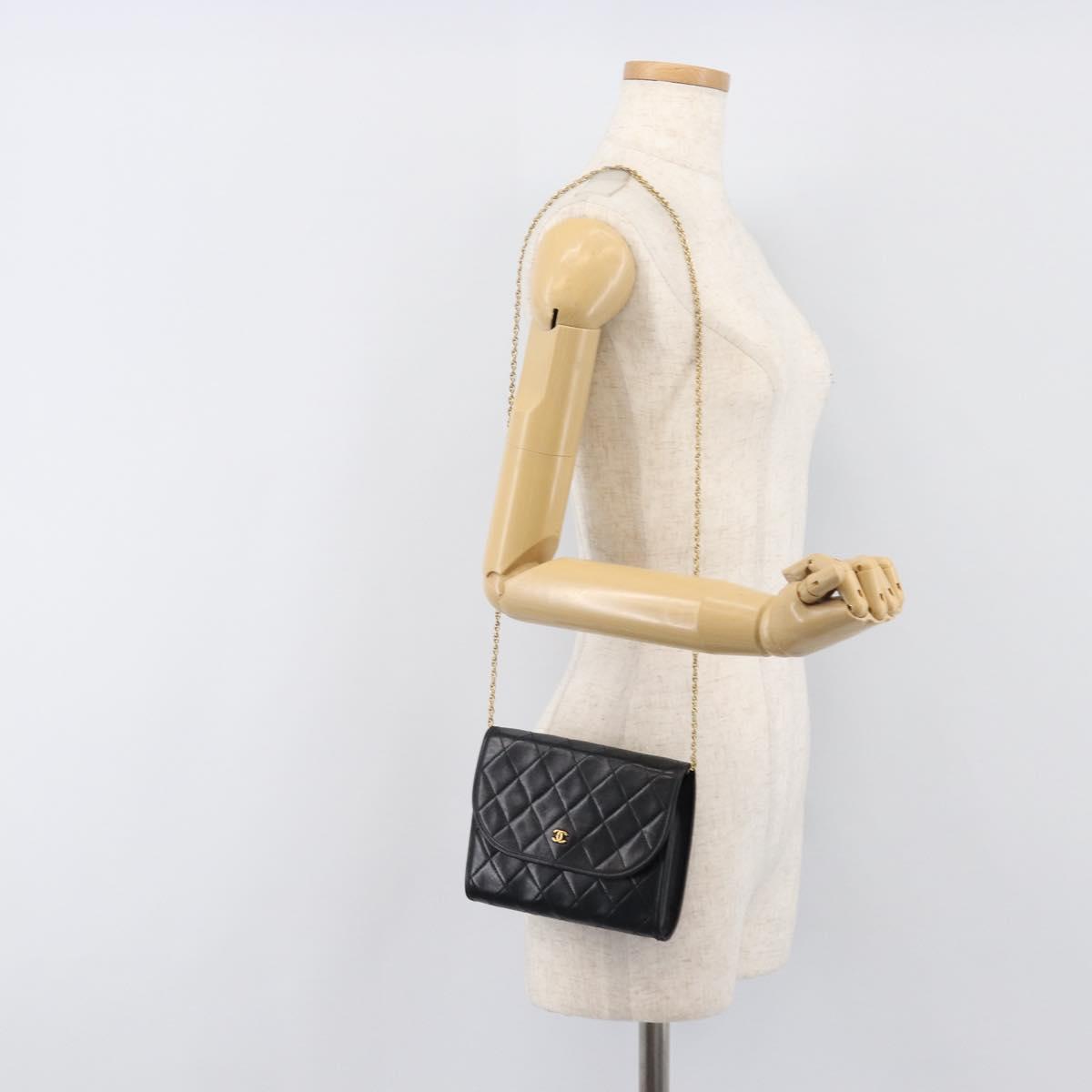 CHANEL Matelasse Chain Shoulder Bag Lamb Skin Black Gold CC Auth 200579V