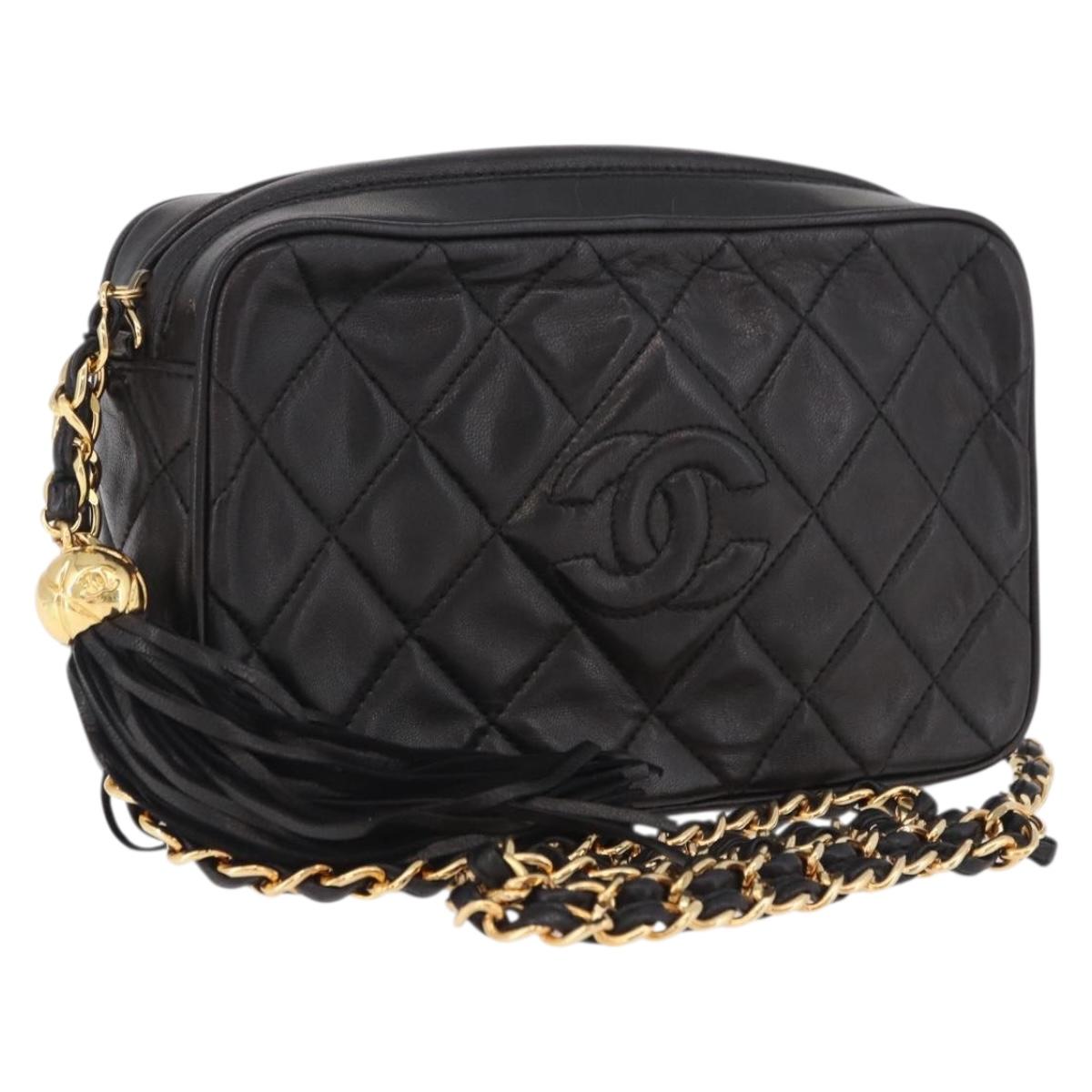 CHANEL Matelasse Chain Shoulder Bag Lamb Skin Black Gold CC Auth 200580V