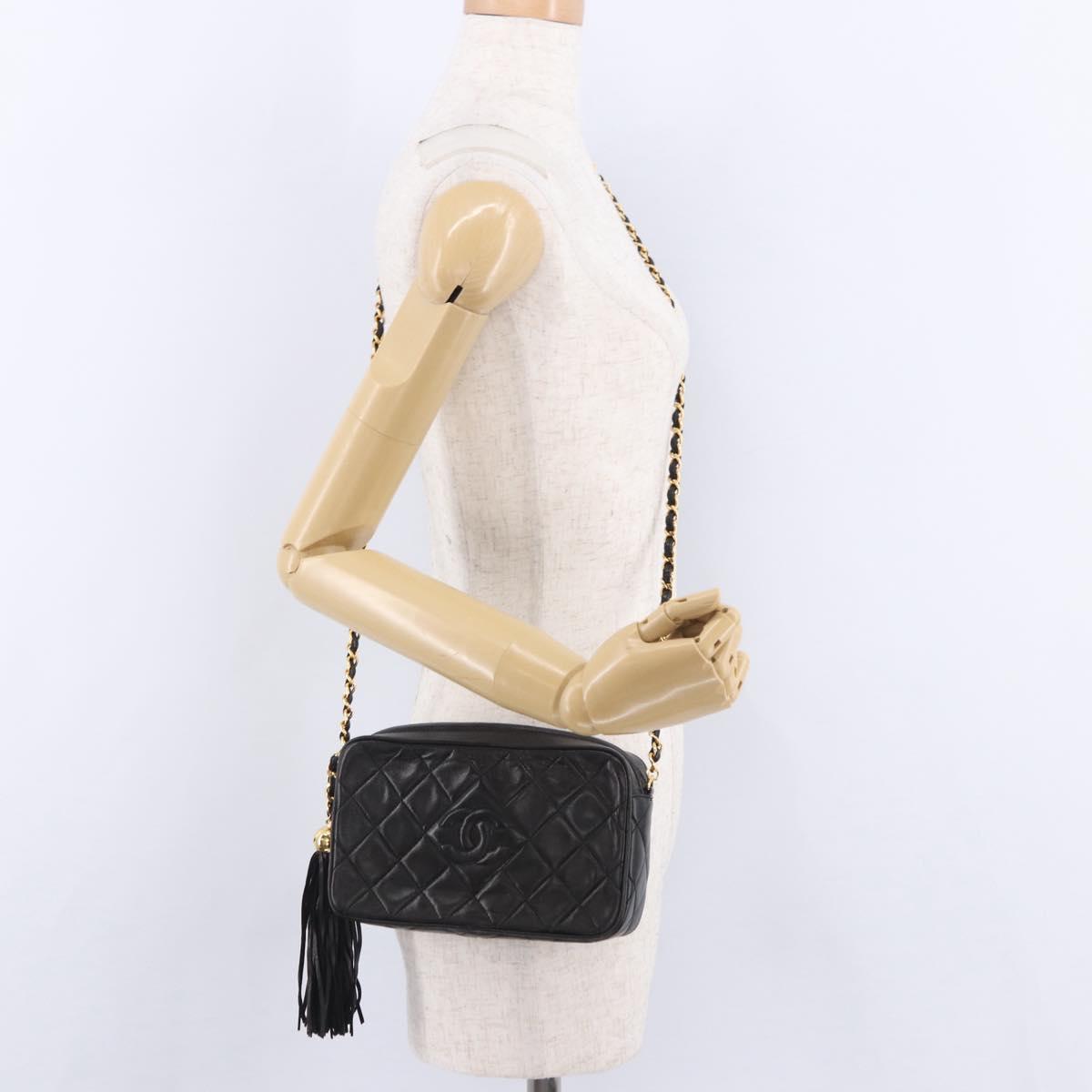 CHANEL Matelasse Chain Shoulder Bag Lamb Skin Black Gold CC Auth 200580V