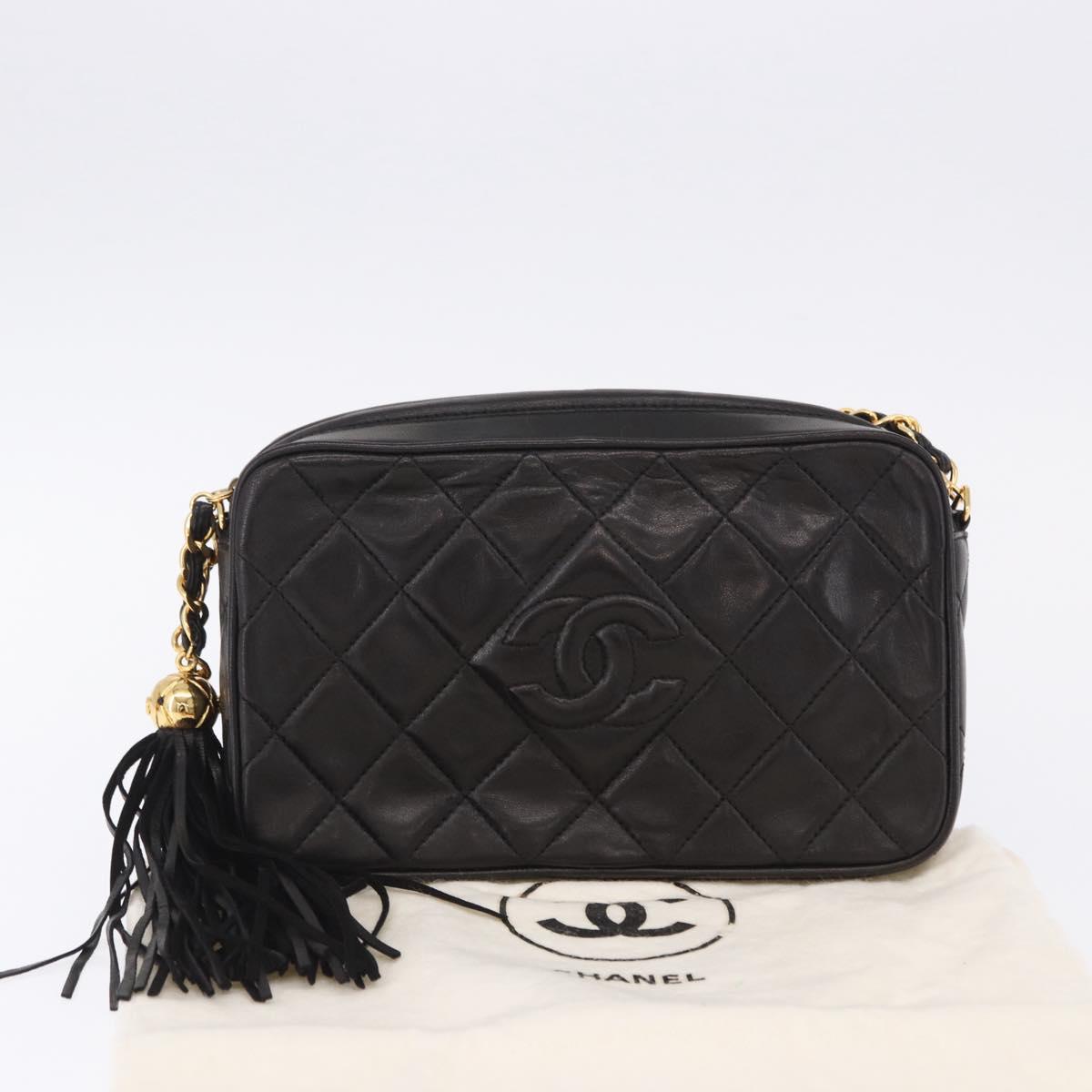 CHANEL Matelasse Chain Shoulder Bag Lamb Skin Black Gold CC Auth 200580V