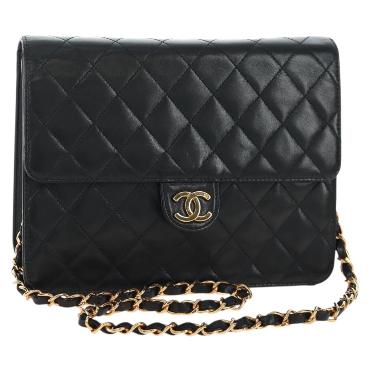 CHANEL Chain Matelasse Shoulder Bag Lamb Skin Black Gold CC Auth 200581SAM