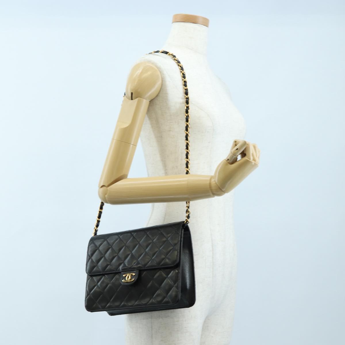 CHANEL Chain Matelasse Shoulder Bag Lamb Skin Black Gold CC Auth 200581SAM