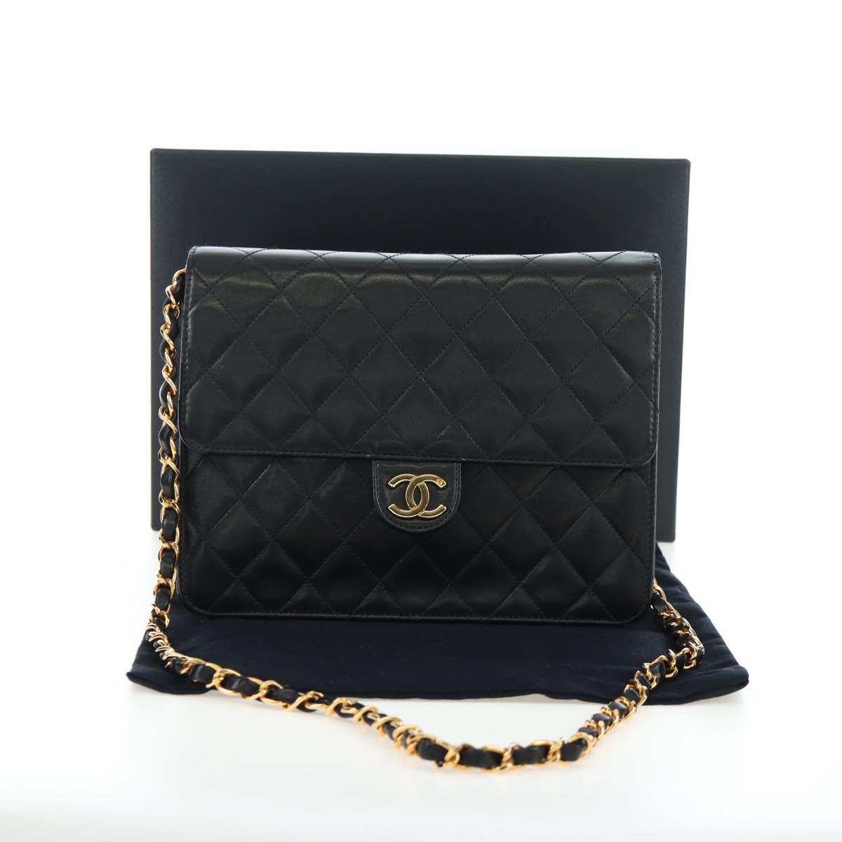 CHANEL Chain Matelasse Shoulder Bag Lamb Skin Black Gold CC Auth 200581SAM