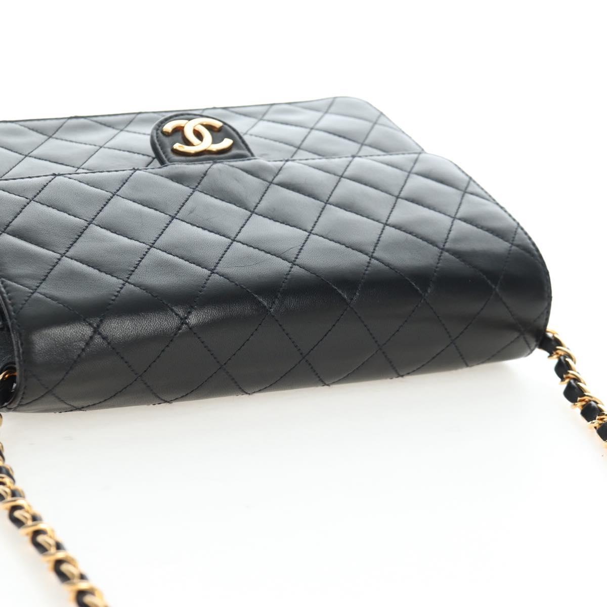 CHANEL Chain Matelasse Shoulder Bag Lamb Skin Black Gold CC Auth 200581SAM