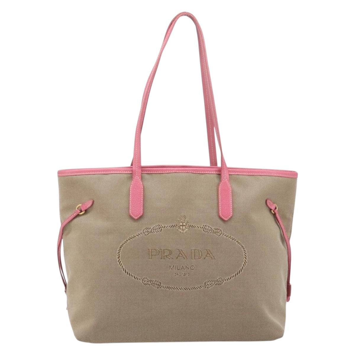 PRADA Tote Bag Canvas Jacquard Brown Gold Auth 200586V