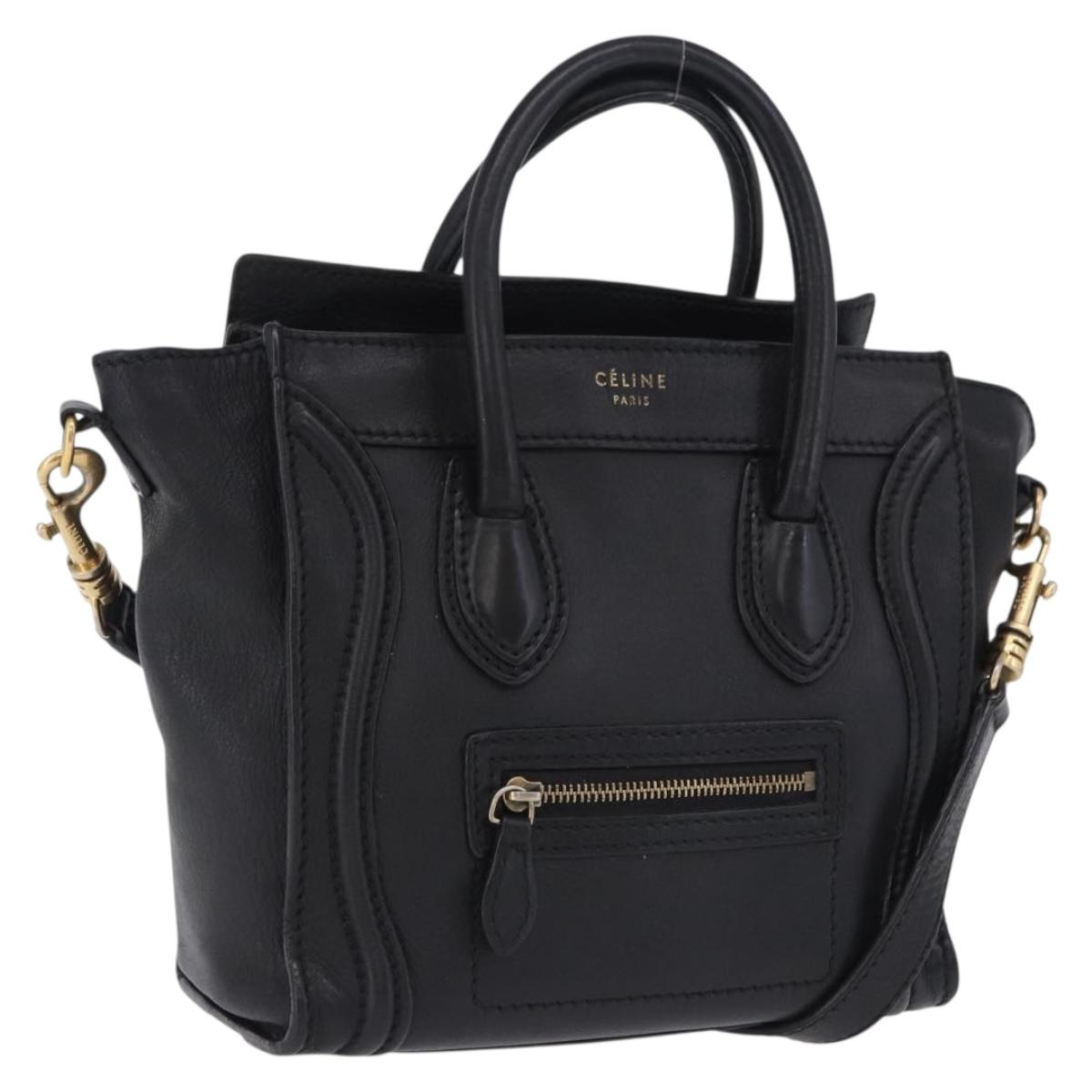 CELINE Luggage Nano Shopper Hand Bag Leather 2way Black Gold Auth 200587M