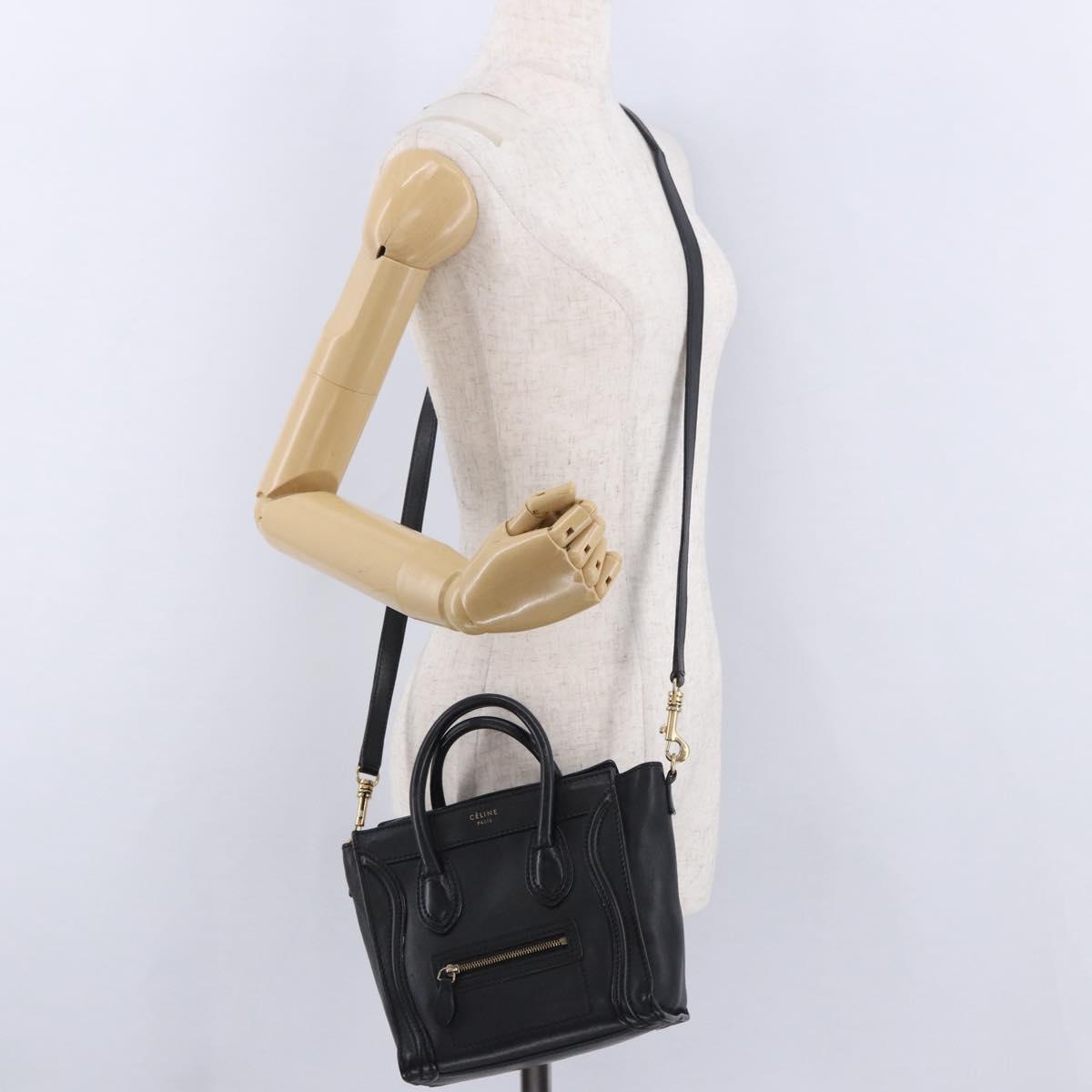 CELINE Luggage Nano Shopper Hand Bag Leather 2way Black Gold Auth 200587M